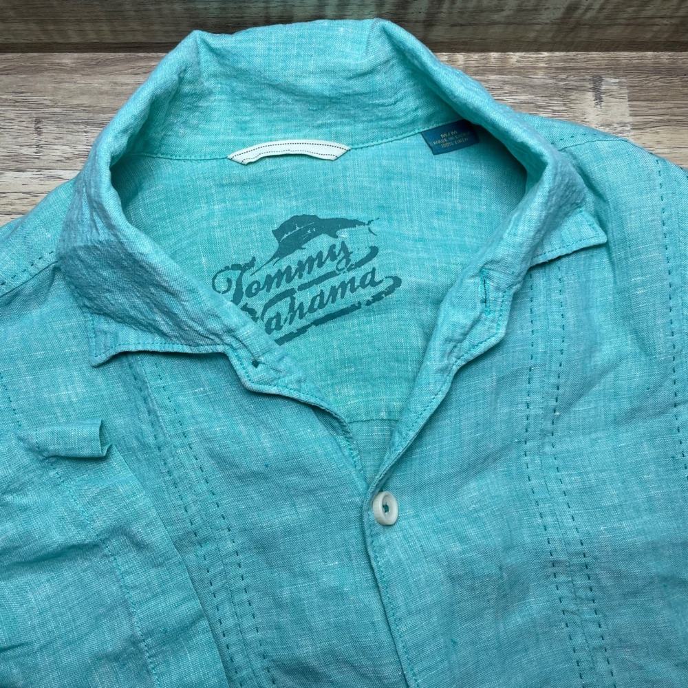 Tommy Bahama Mens Medium Aqua Blue 100% Linen Pintuck Guayabera Camp Shirt M